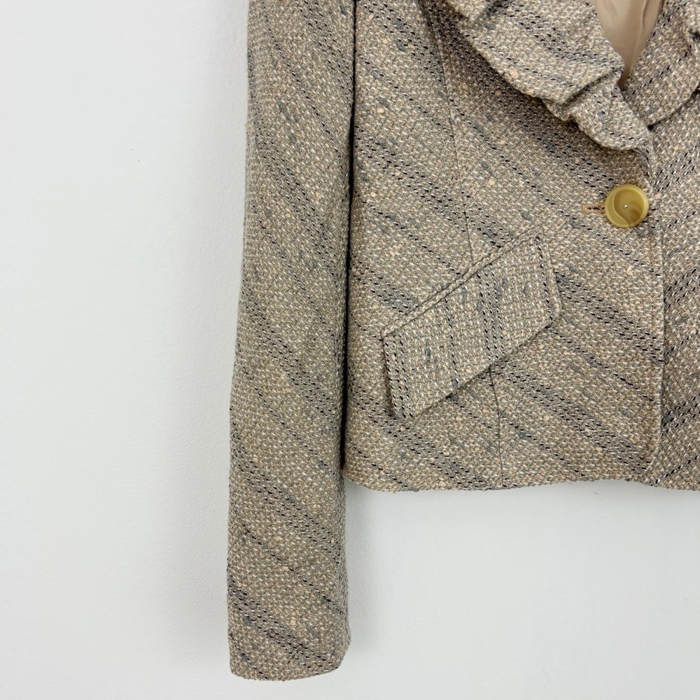 BCBGMaxazria Tan Tweed Wool Ruffle Lapel Neck Blazer Jacket Size Small - Picture 3 of 16